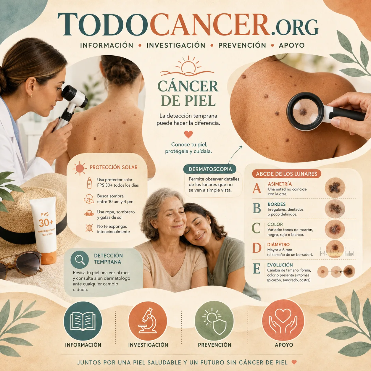 Infografía de la regla ABCDE para reconocer el cáncer de piel y los lunares sospechosos